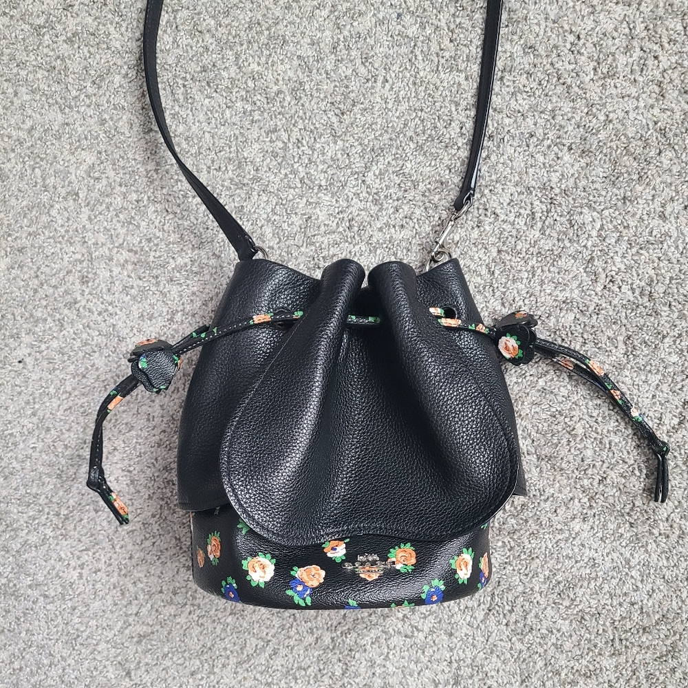 Floral Black Leather Bucket Bag